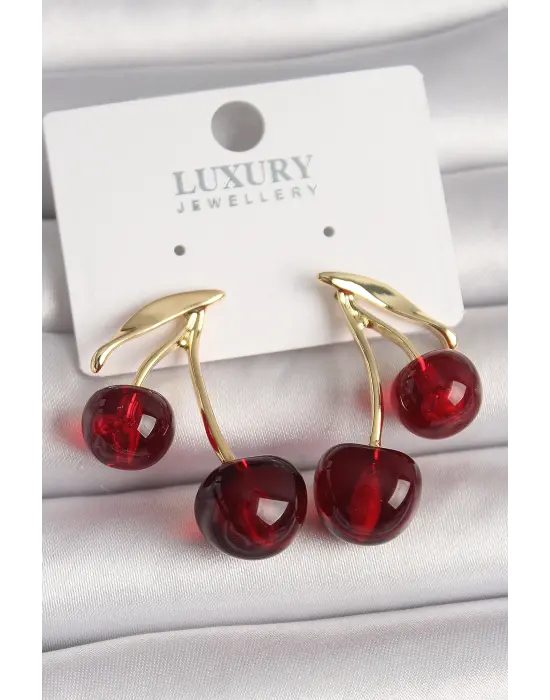 Pirinç Gold Renk Kırmızı Kiraz Model Kadın Küpe