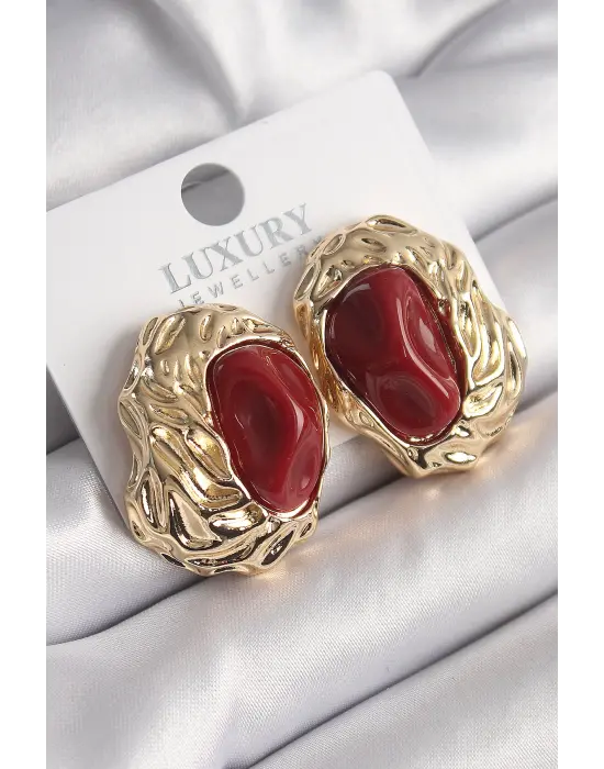  Altın Kırmızı Oval İşleme Detay Vintage Çelik Küpe
