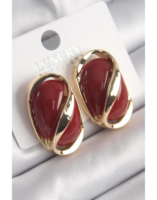  Altın Kırmızı Oval Vintage Çelik Küpe