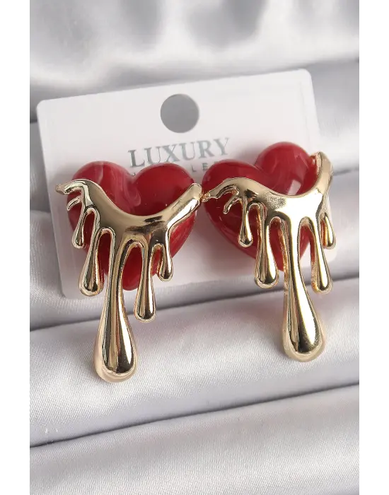  Altın Kırmızı Sedefli Akan Kalp Model Çelik Küpe