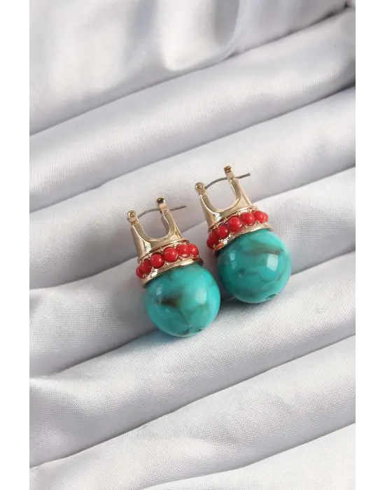  Altın Kırmızı Taşlı Mavi Mermer Desenli Küpe