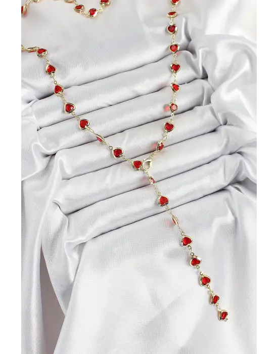 Pirinç Gold Renk Kırmızı Zirkon Taşlı Kalpli Y Kadın Kolye