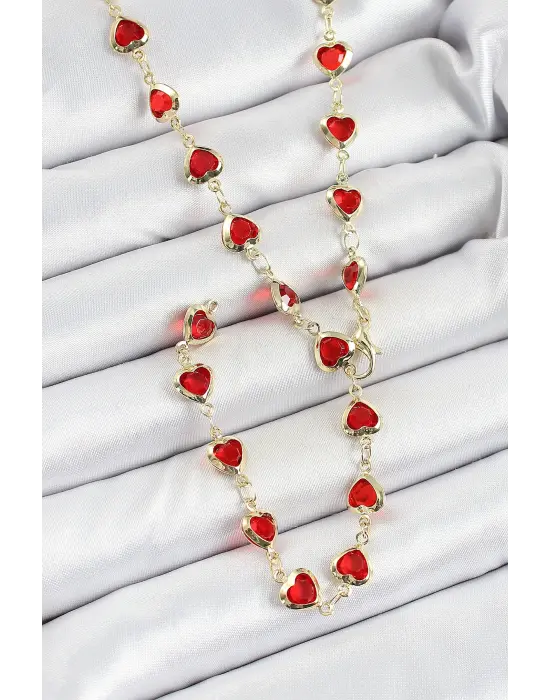 Pirinç Gold Renk Kırmızı Zirkon Taşlı Kalpli Y Kadın Kolye