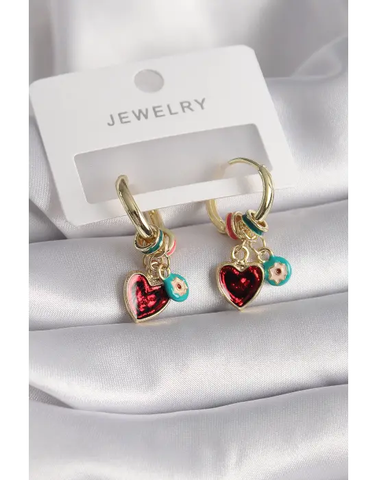  Altın Kırmızı Zirkon Taşlı Sallantı Detay Çelik Küpe