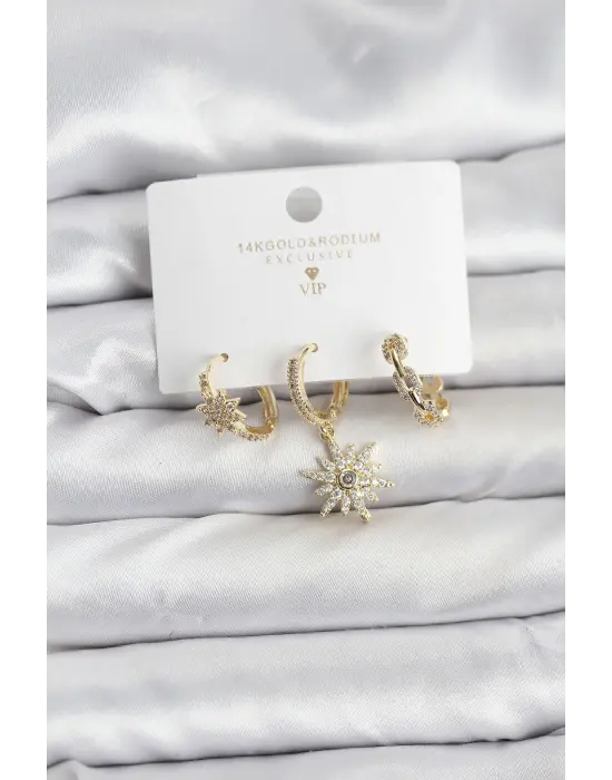 Pirinç Gold Renk Kutup Yıldızı Model 3lü Kadın Küpe Seti