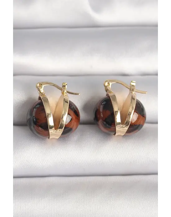 Pirinç Gold Renk Leopar Desen 3D Daire Model Kadın Küpe
