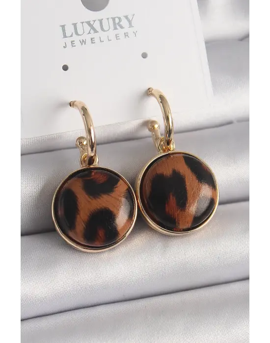  Altın Leopar Desenli Daire Model Çelik Küpe