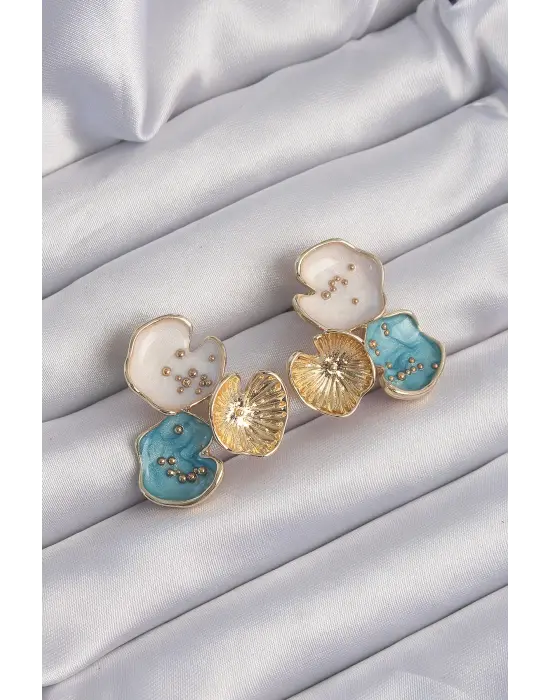  Altın Mavi Mineli 3lü Orkide Küpe