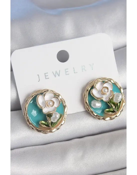 Pirinç Gold Renk Mavi Mineli İncili Çiçek İşlemeli Portre Model Kadın Küpe