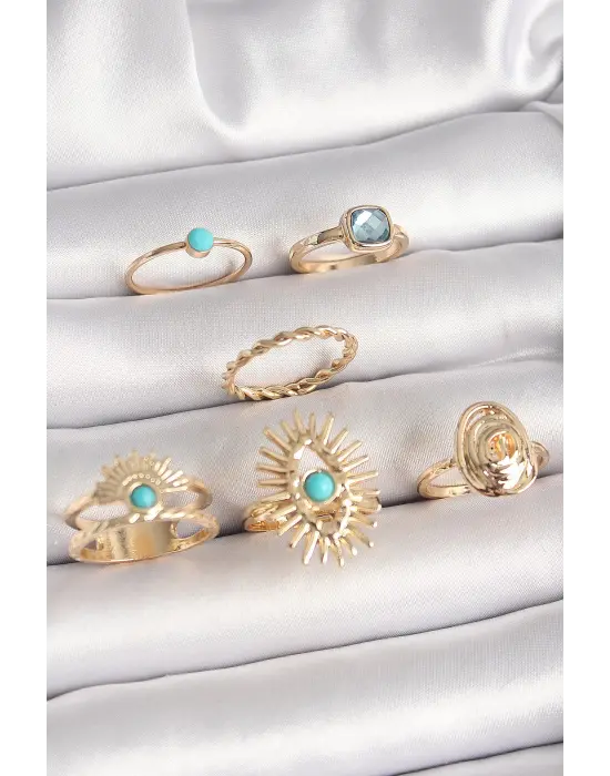 Pirinç Gold Renk Mavi Taşlı Göz Model Kare Zirkon Taşlı Kadın Yüzük Kombini