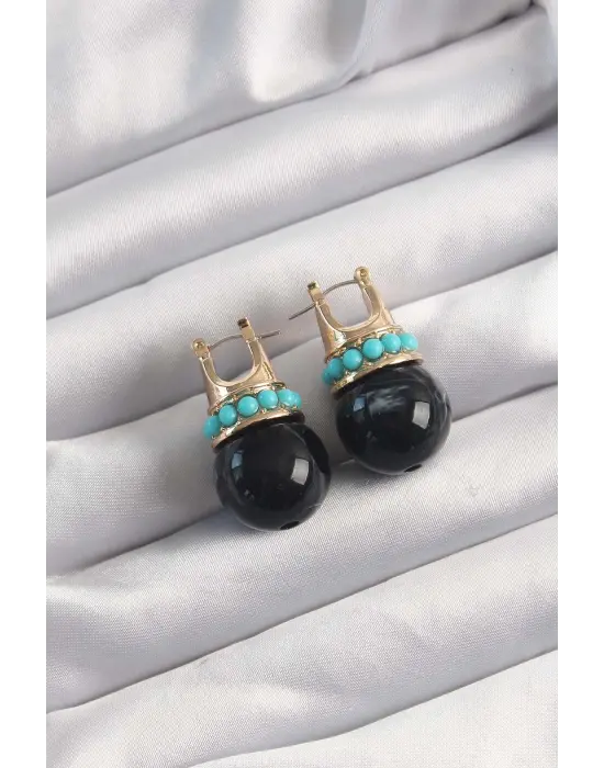  Altın Mavi Taşlı Siyah Mermer Desenli Küpe