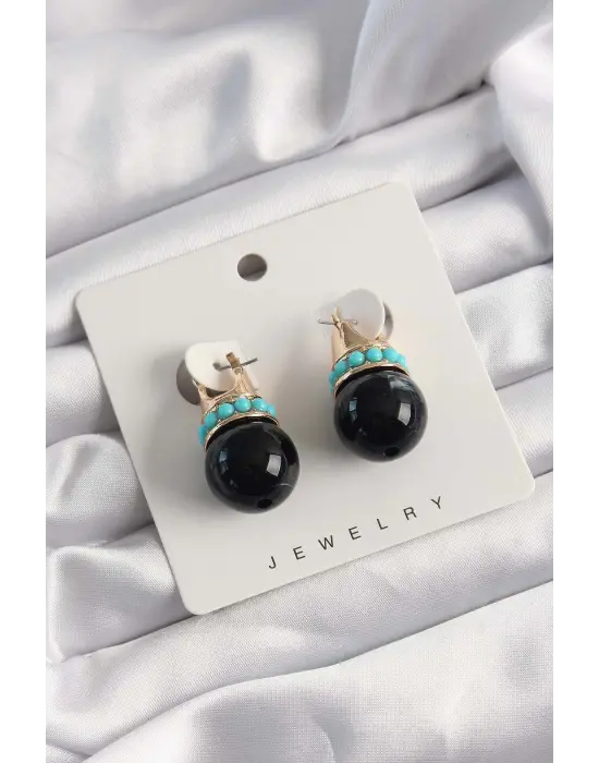  Altın Mavi Taşlı Siyah Mermer Desenli Küpe