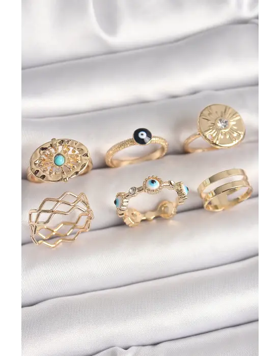 Pirinç Gold Renk Mavi Taşlı Zirkon Taş Detaylı Dalga Model Kadın Yüzük Kombini