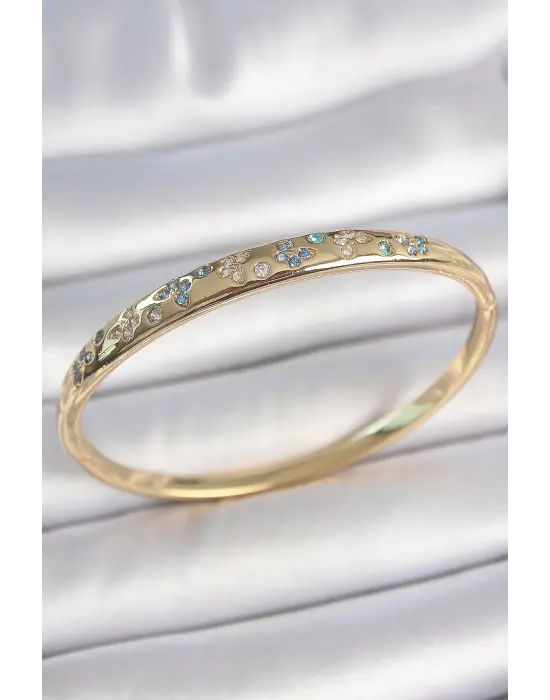 Pirinç Gold Renk Mavi Zirkon Taşlı Kelebek İşlemeli Kadın Kelepçe