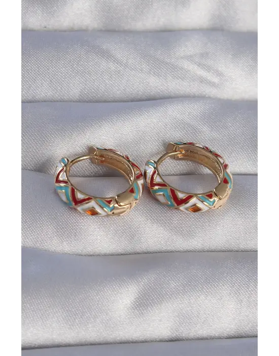  Altın Mavili Etnik Desenli Halka Küpe