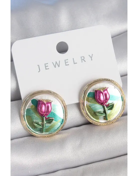 Pirinç Gold Renk Mix Renk Mineli Çiçek İşlemeli Portre Model Kadın Küpe