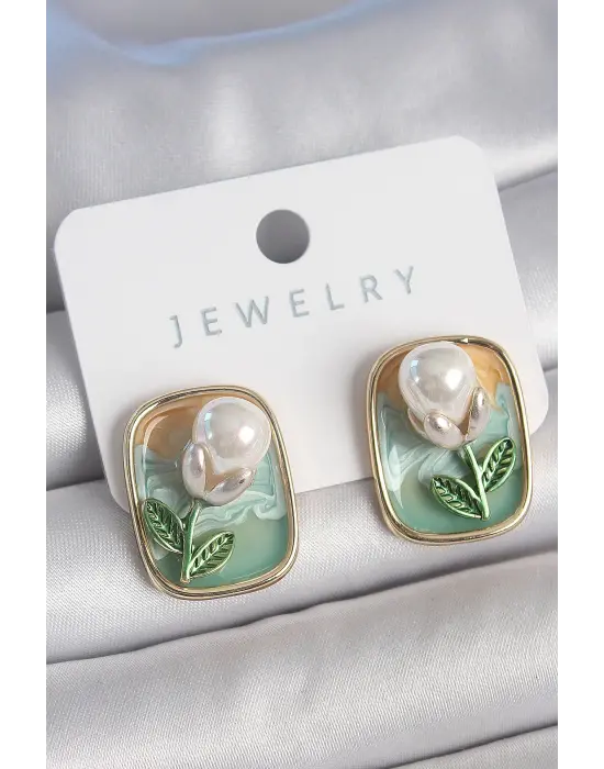 Pirinç Gold Renk Mix Renk Mineli İncili Çiçek Mineli Portre Model Kadın Küpe