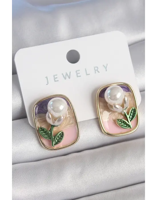 Pirinç Gold Renk Mix Renk Mineli İncili Çiçek Model Portre Model Kadın Küpe