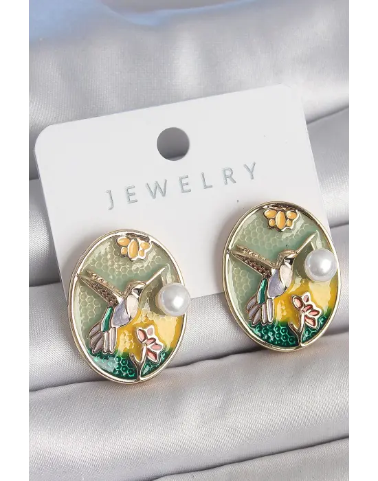 Pirinç Gold Renk Mix Renk Mineli İncili Sinek Kuşu İşlemeli Portre Model Kadın Kolye