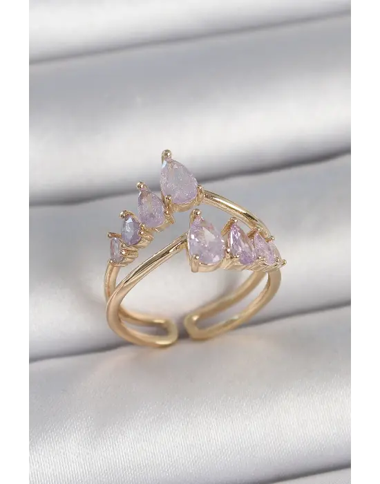 Pirinç Gold Renk Mor Damla Zirkon Taşlı Taç Model Kadın Yüzük