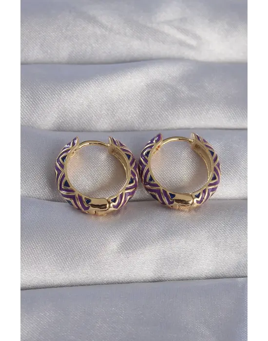  Altın Mor Etnik Desenli Halka Küpe