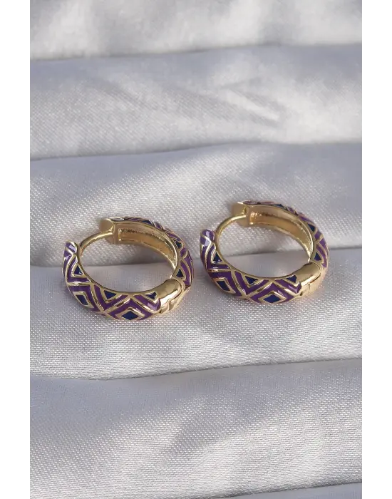  Altın Mor Etnik Desenli Halka Küpe