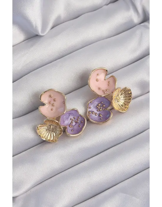  Altın Mor Mineli 3lü Orkide Küpe