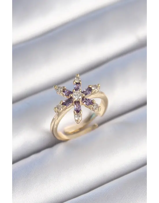  Altın Mor Renk Zirkon Taşlı Çiçek Model Çelik Yüzük