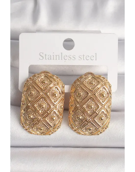 Altın Motif İşlemeli Çelik Küpe