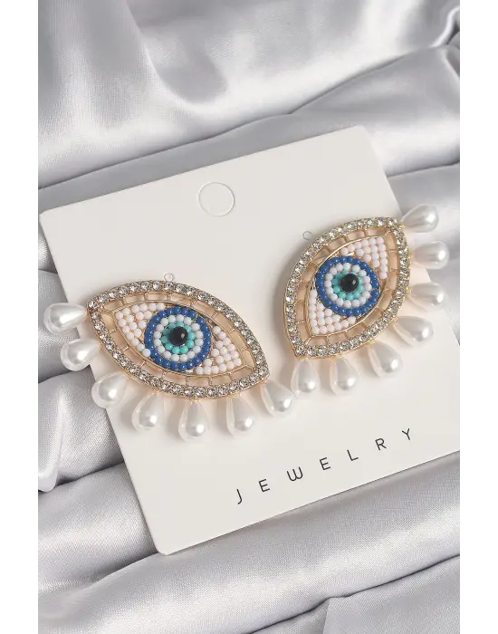  Altın Nazar Boncuk Göz Model İnci Detay Çelik Küpe