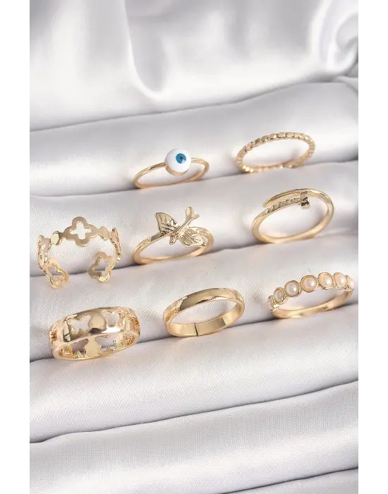 Pirinç Gold Renk Nazar Boncuk Model Kuş Detay Kadın Yüzük Kombini