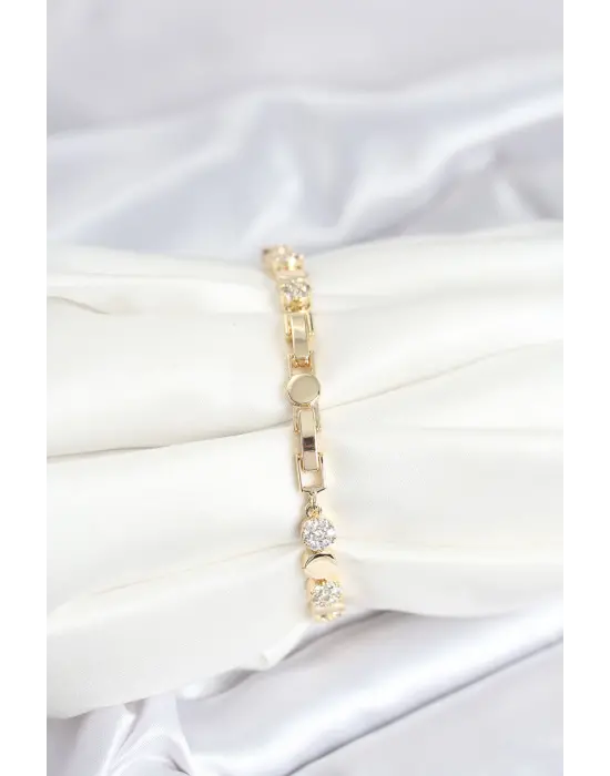 Pirinç Gold Renk Nokta Model Zirkon Taşlı Kadın Bileklik