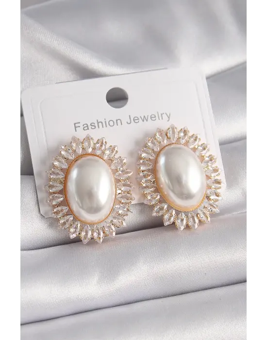  Altın Oval İncili Zirkon Taşlı Çelik Küpe