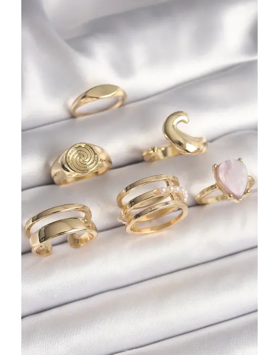  Altın Pembe Damla Mineli Sarmal İşleme Detaylı 6Lı Çelik Yüzük Seti