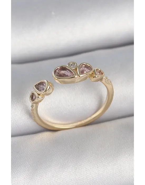 Pirinç Gold Renk Pembe Damla Zirkon Taşlı Ayarlanabilir Kadın Yüzük
