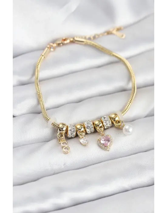 Çelik Gold Renk Pembe Kalp Charmlı Kadın Bileklik