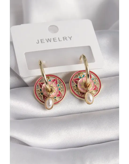  Altın Pembe Kırmızı Renkli İnci Detay Motif Model Çelik Küpe