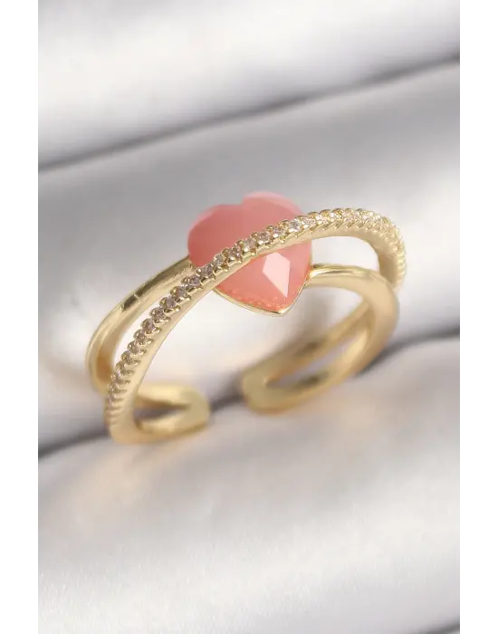  Altın Pembe Kristal Kalp Model Zirkon Taş Detaylı Çelik Yüzük
