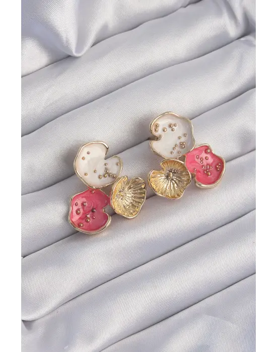  Altın Pembe Mineli 3lü Orkide Küpe