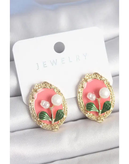 Pirinç Gold Renk Pembe Mineli İncili Çiçek İşlemli Portre Model Kadın Küpe