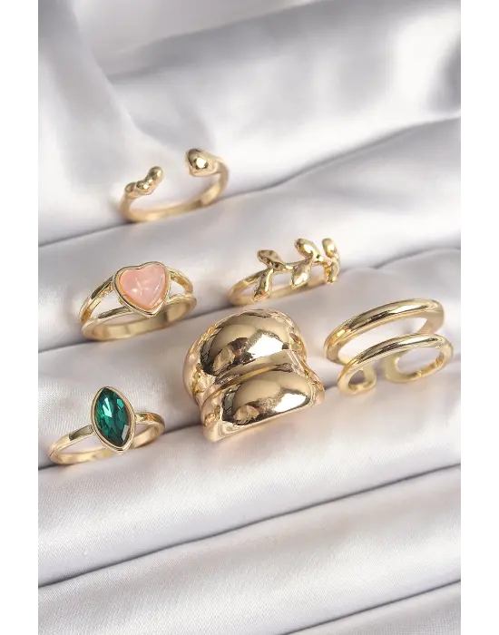  Altın Pembe Mineli Kalp Figür Yeşil Zirkon Taşlı 6Lı Kadın Küpe Seti