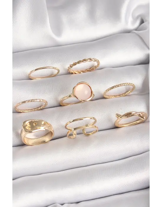 Pirinç Gold Renk Pembe Mineli Kemer Model Kadın Yüzük Kombini
