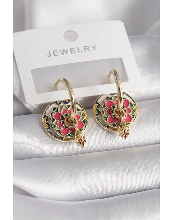  Altın Pembe Sarı Renkli Sallantı Detay Motif Model Çelik Küpe