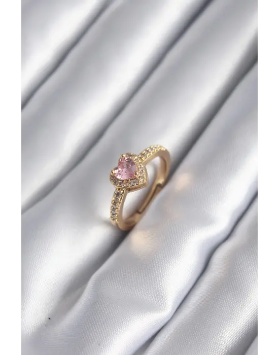  Altın Pembe Zirkon Taş Kalp Charm Model Çelik Yüzük