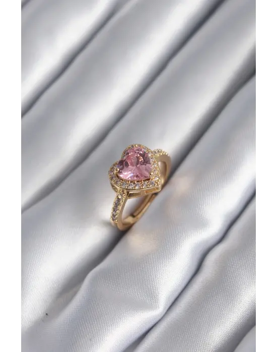  Altın Pembe Zirkon Taşlı Charm Kalp Model Çelik Yüzük