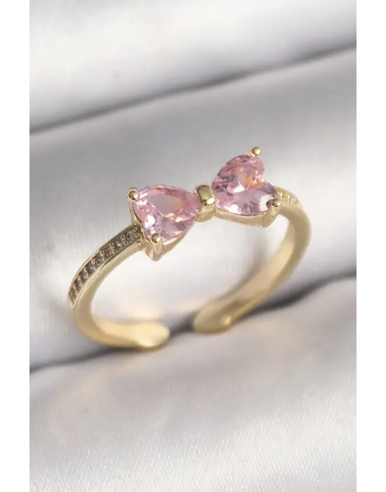  Altın Pembe Zirkon Taşlı Kalp Fiyonk Model Çelik Yüzük