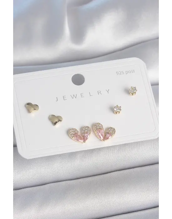 Pirinç Gold Renk Pembe Zirkon Taşlı Kalp Model 925 Ayar Gümüş Çivi Kadın Küpe Seti