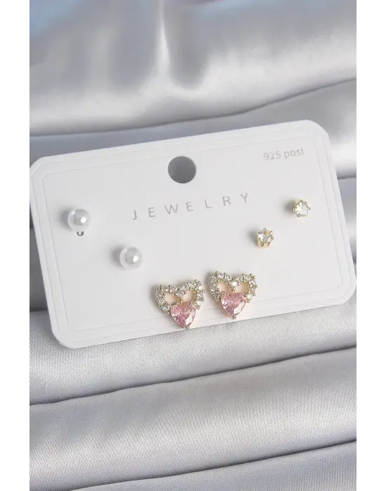 Pirinç Gold Renk Pembe Zirkon Taşlı Kalp Model İnci Detay 925 Ayar Kadın Küpe Seti