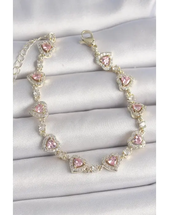 Pirinç Gold Renk Pembe Zirkon Taşlı Kalp Model VIP Seri Kadın Bileklik
