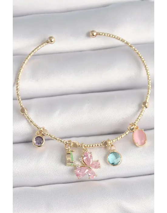 Pirinç Gold Renk Pembe Zirkon Taşlı Kelebek Figür Sallantı Detaylı Charm Kadın Bileklik